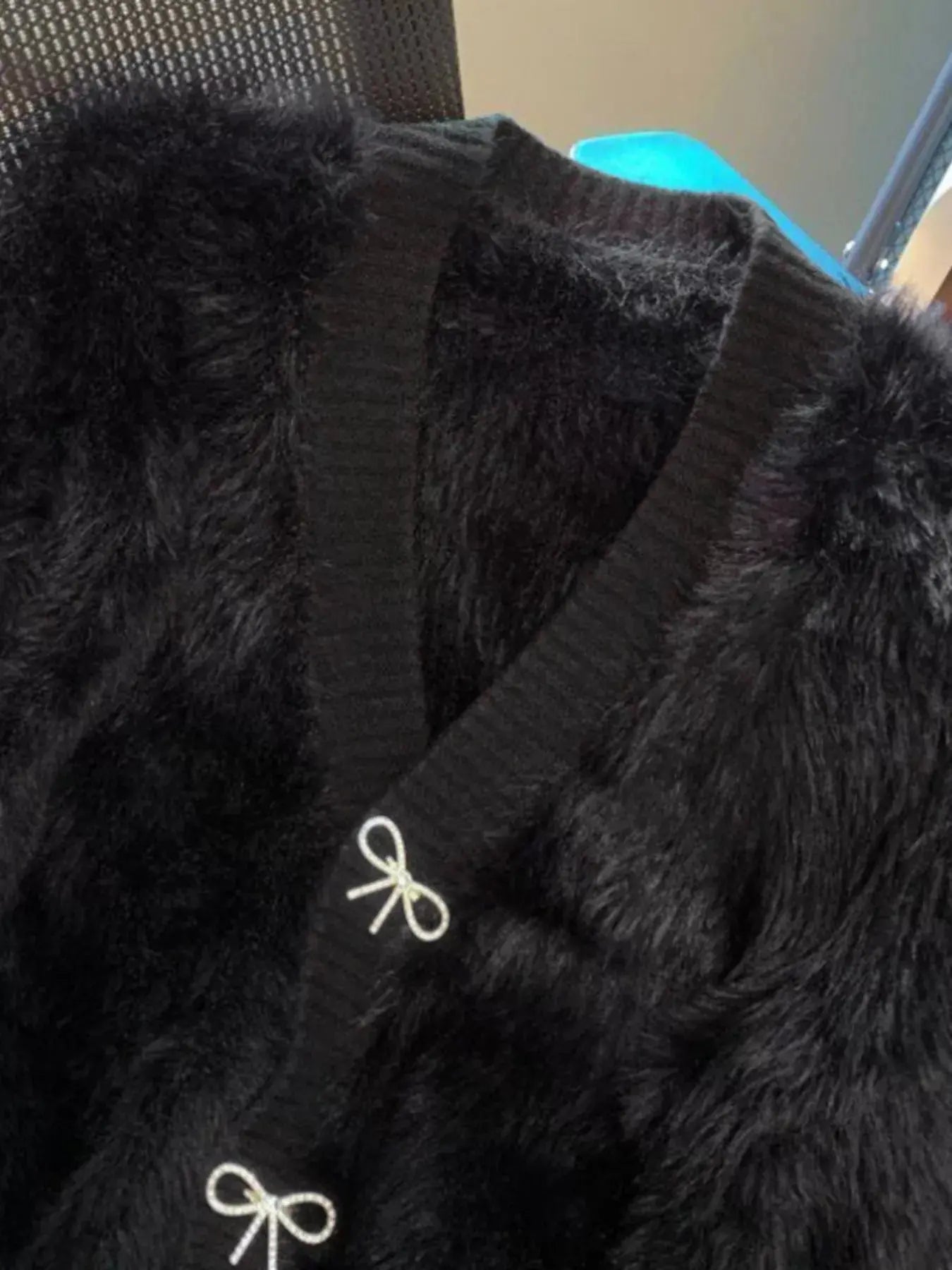 Fuzzy Bow Button Up Cardigan Simply Love