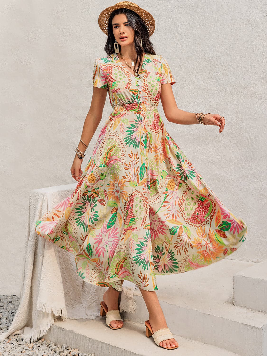 Printed V-Neck Short Sleeve Midi Dress.