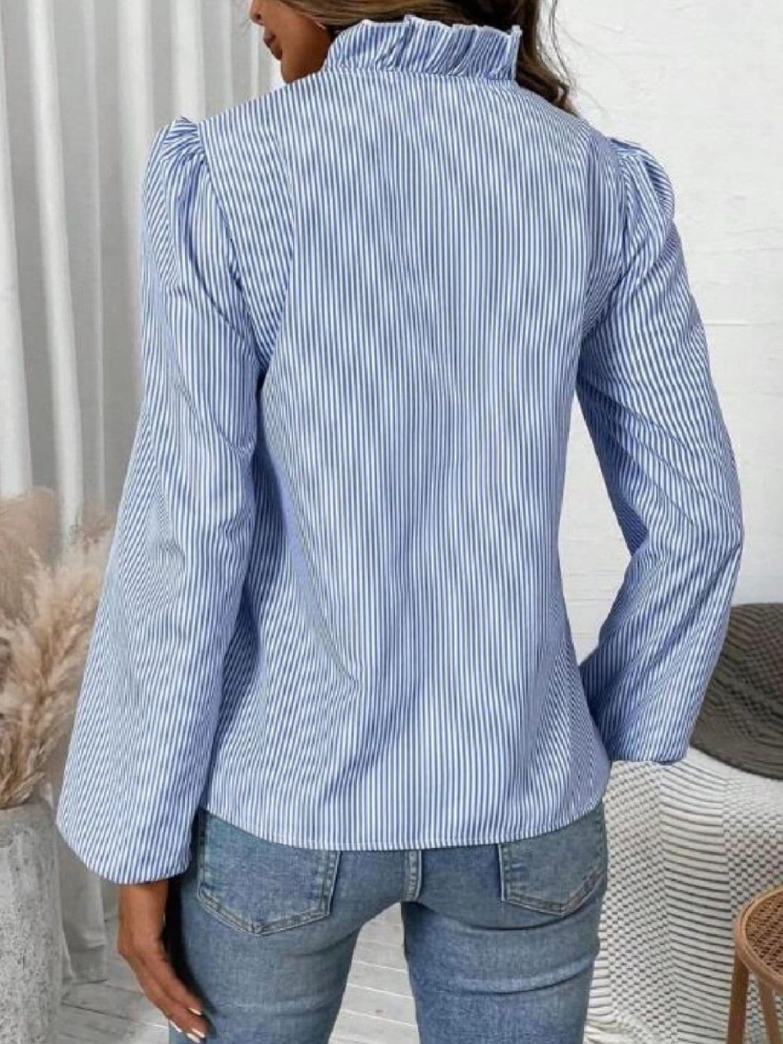 Frill Striped V-Neck Long Sleeve Blouse.