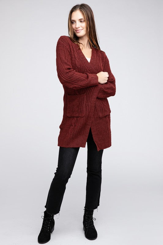 Twisted texture open front cardigan with pockets