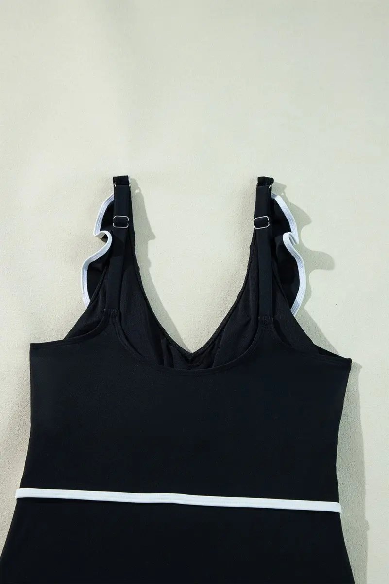 Elegant Black Ruffled V-Neck Wrap Swimsuit with Color Contrast - Love Salve 