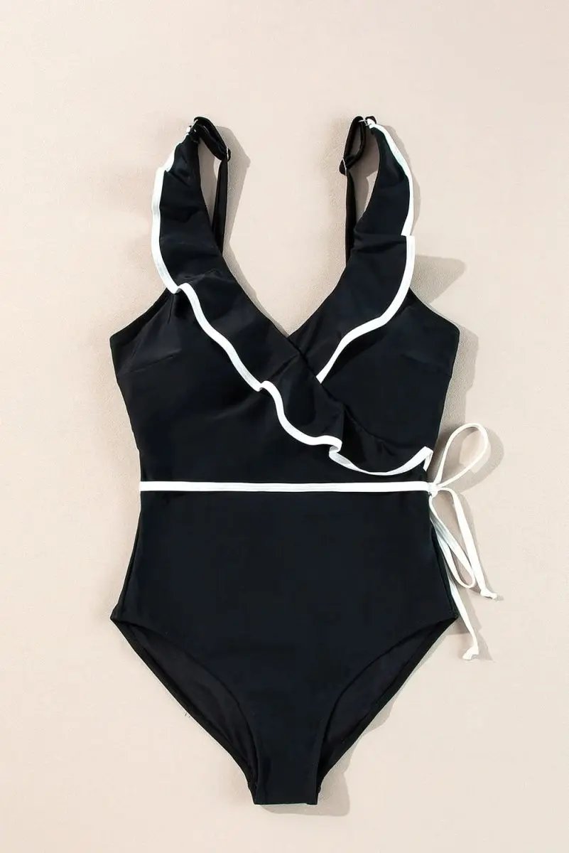Elegant Black Ruffled V-Neck Wrap Swimsuit with Color Contrast - Love Salve 