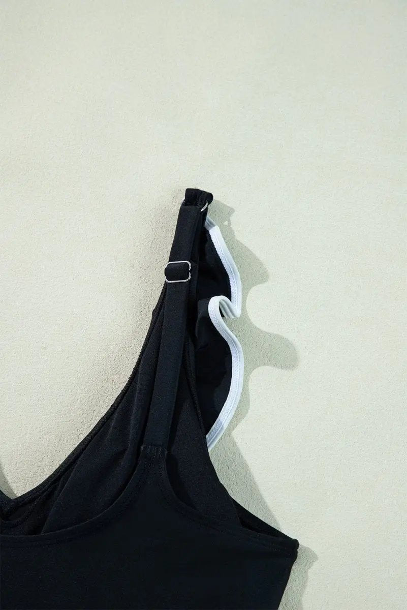 Elegant Black Ruffled V-Neck Wrap Swimsuit with Color Contrast - Love Salve 