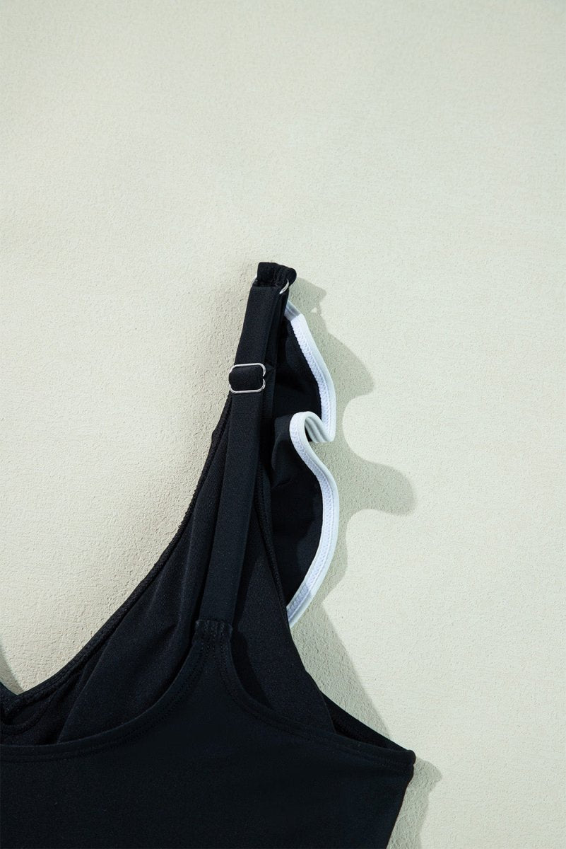 Elegant Black Ruffled V - Neck Wrap Swimsuit with Color Contrast - Love Salve