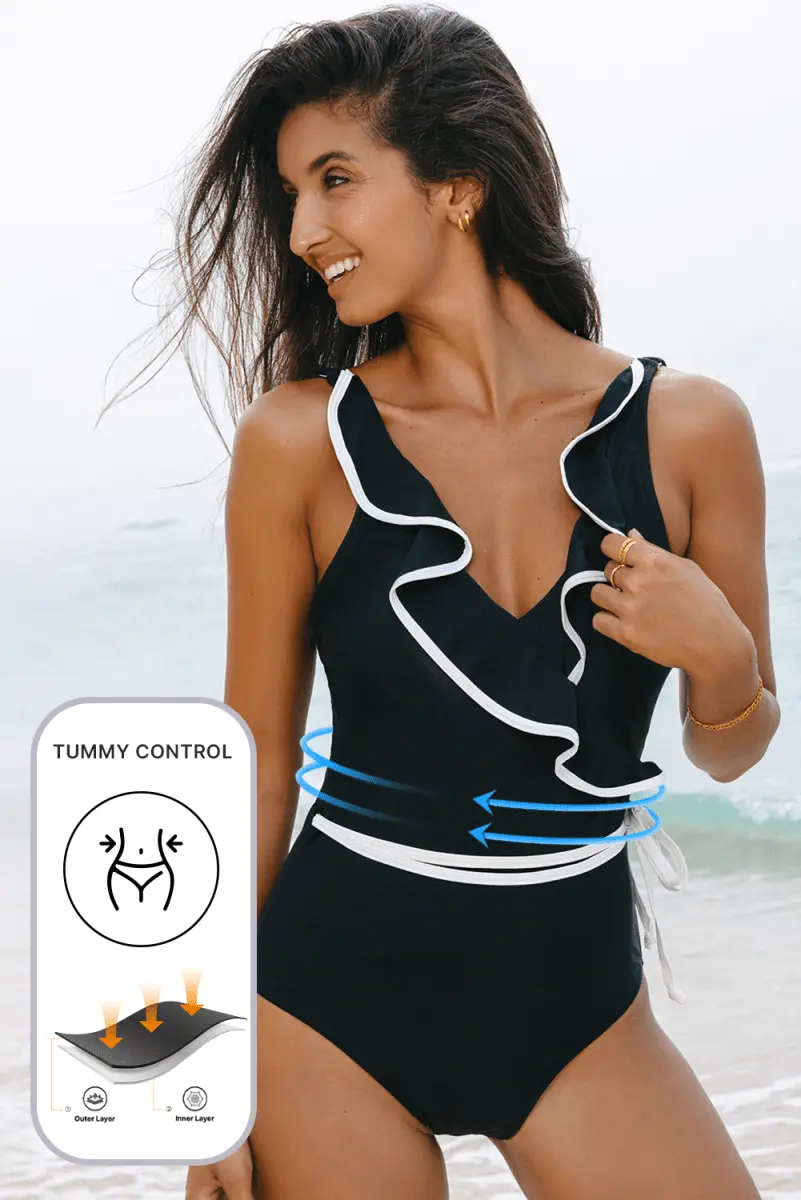 Elegant Black Ruffled V-Neck Wrap Swimsuit with Color Contrast - Love Salve 
