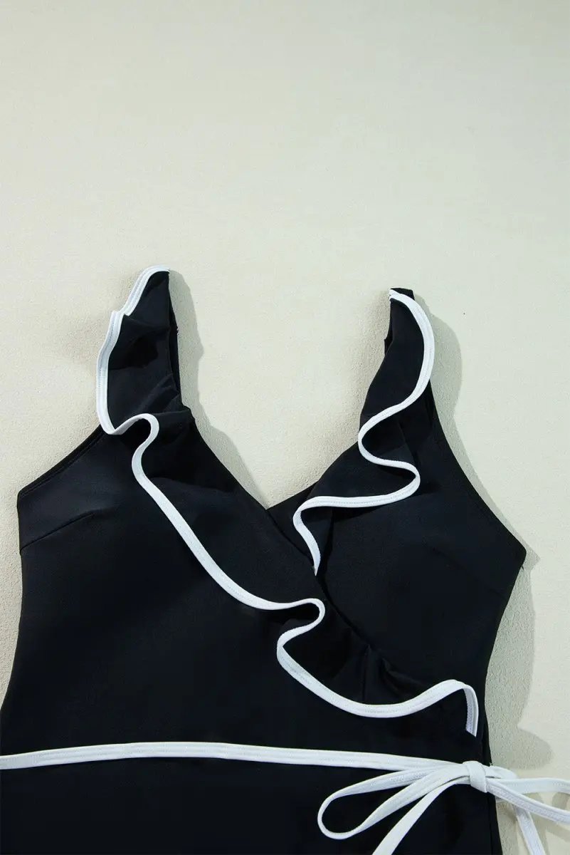 Elegant Black Ruffled V-Neck Wrap Swimsuit with Color Contrast - Love Salve 
