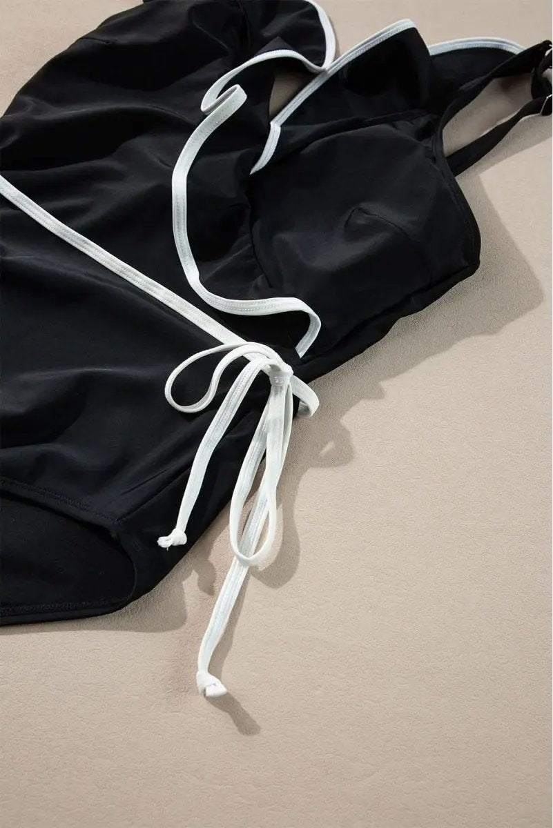 Elegant Black Ruffled V-Neck Wrap Swimsuit with Color Contrast - Love Salve 