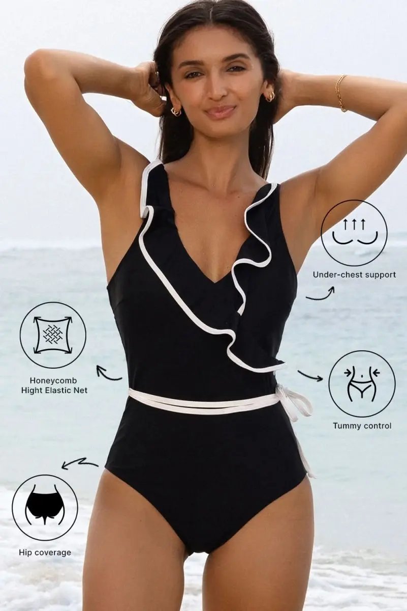 Elegant Black Ruffled V-Neck Wrap Swimsuit with Color Contrast - Love Salve 