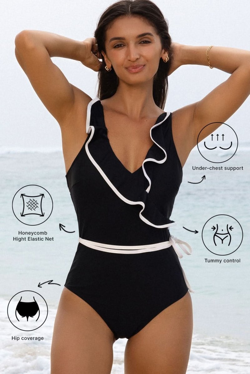 Elegant Black Ruffled V - Neck Wrap Swimsuit with Color Contrast - Love Salve