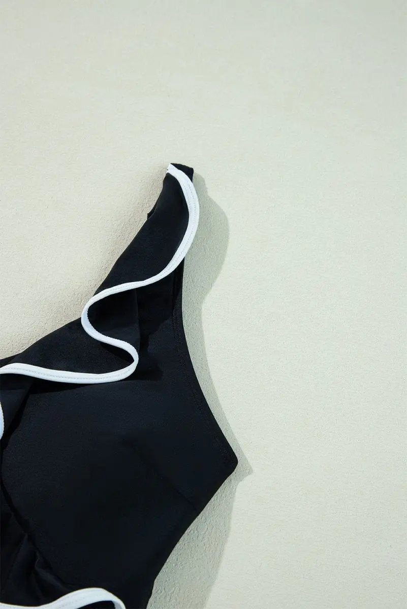 Elegant Black Ruffled V-Neck Wrap Swimsuit with Color Contrast - Love Salve 