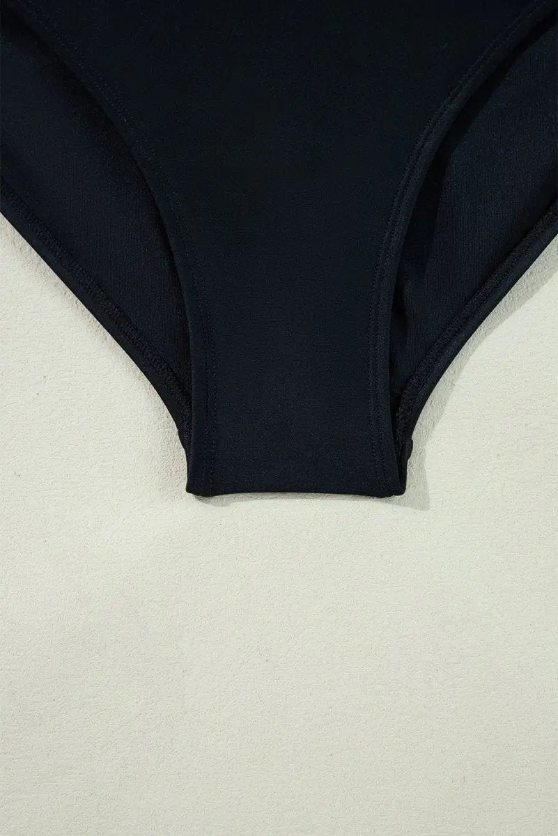 Elegant Black Ruffled V-Neck Wrap Swimsuit with Color Contrast - Love Salve 