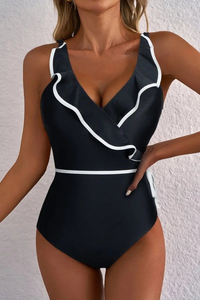 Elegant Black Ruffled V-Neck Wrap Swimsuit with Color Contrast - Love Salve 