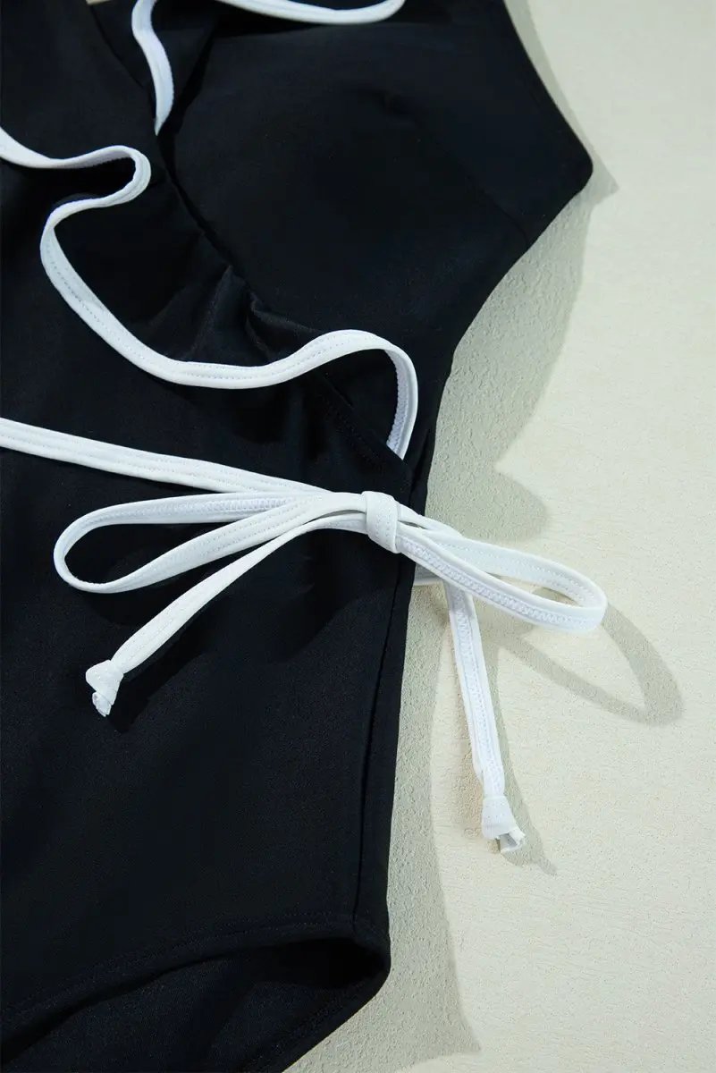 Elegant Black Ruffled V-Neck Wrap Swimsuit with Color Contrast - Love Salve 