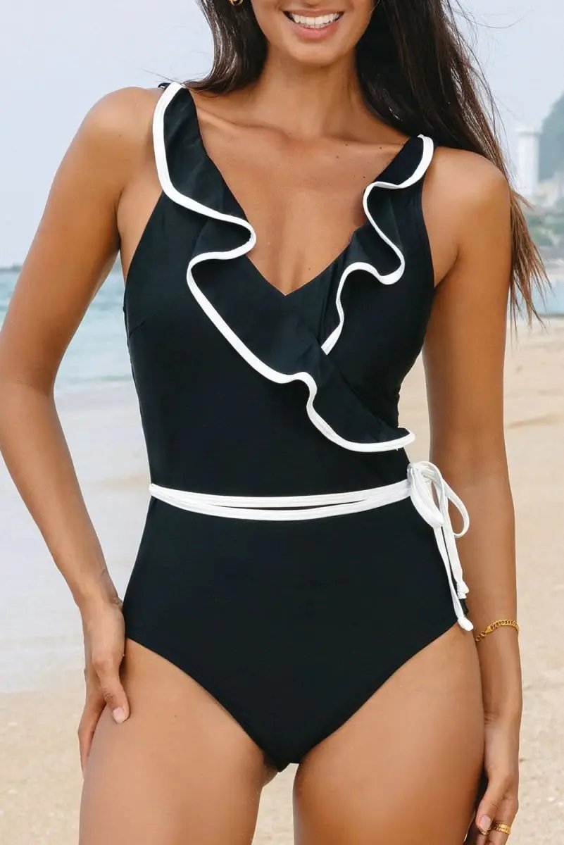 Elegant Black Ruffled V-Neck Wrap Swimsuit with Color Contrast - Love Salve 