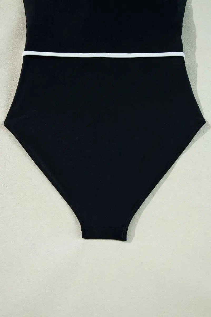 Elegant Black Ruffled V-Neck Wrap Swimsuit with Color Contrast - Love Salve 