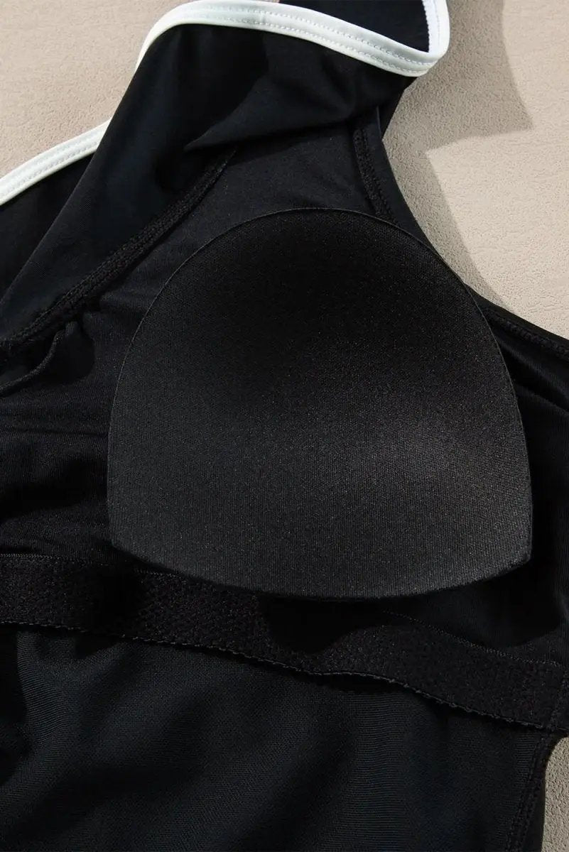 Elegant Black Ruffled V-Neck Wrap Swimsuit with Color Contrast - Love Salve 