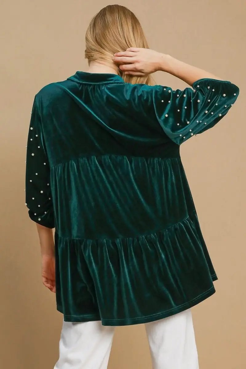 Elegant Velvet Babydoll Blouse with Pearl Accents and Half Sleeves - Love Salve 