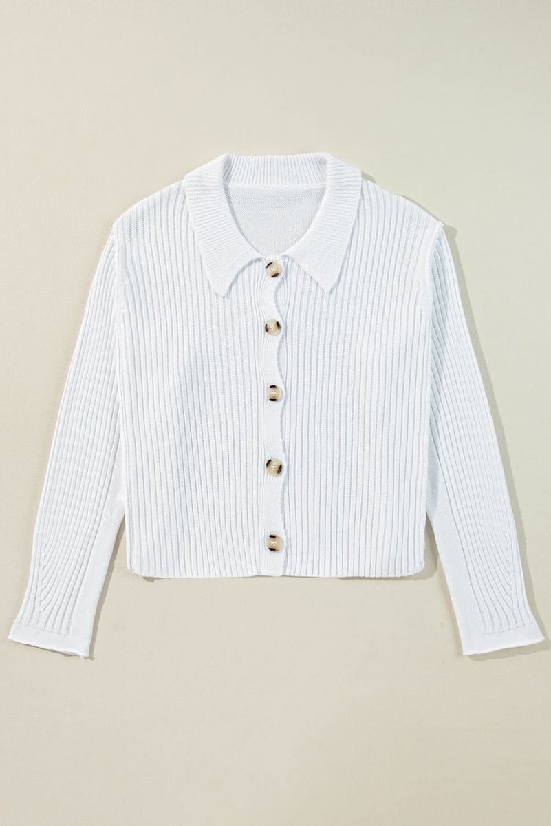 Elegant White Collared Casual Button - Up Sweater with Loose Fit - Love Salve
