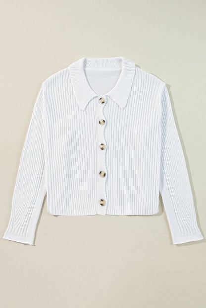 Elegant White Collared Casual Button - Up Sweater with Loose Fit - Love Salve