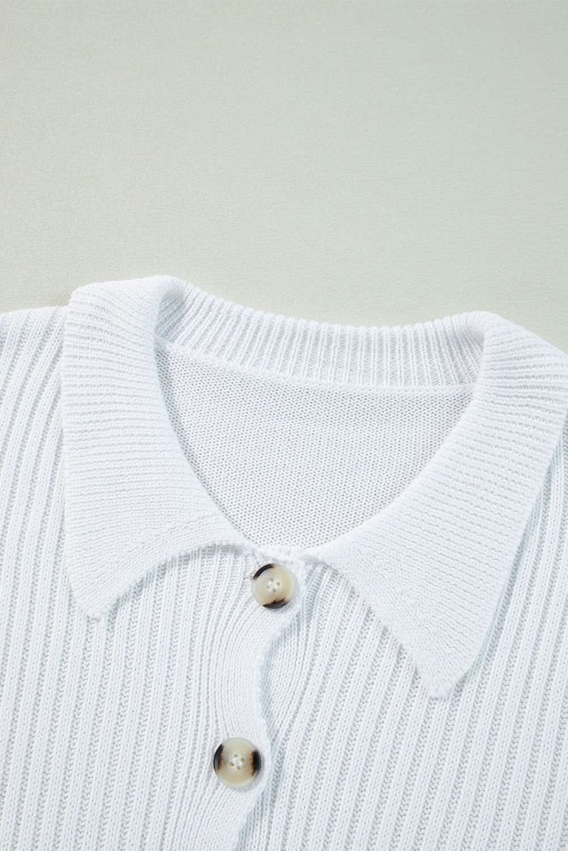 Elegant White Collared Casual Button - Up Sweater with Loose Fit - Love Salve