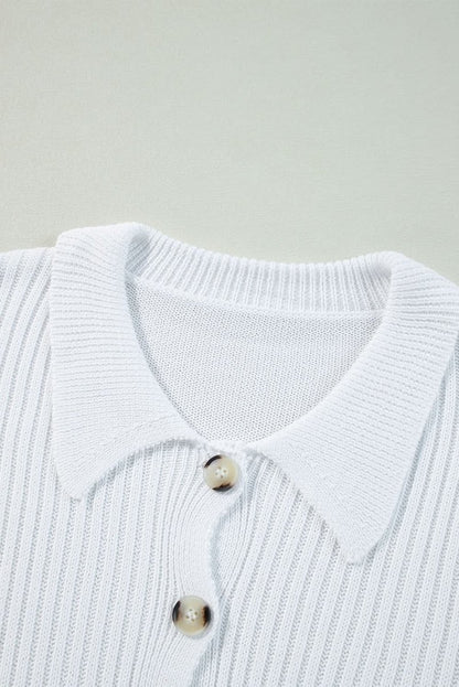 Elegant White Collared Casual Button - Up Sweater with Loose Fit - Love Salve