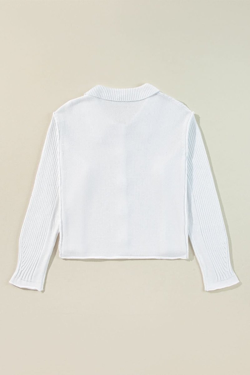 Elegant White Collared Casual Button - Up Sweater with Loose Fit - Love Salve