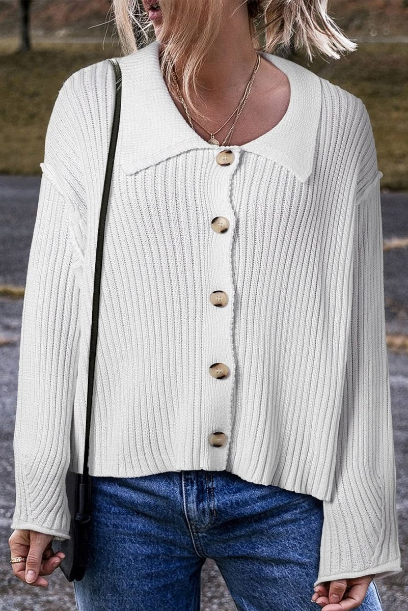 Elegant White Collared Casual Button - Up Sweater with Loose Fit - Love Salve