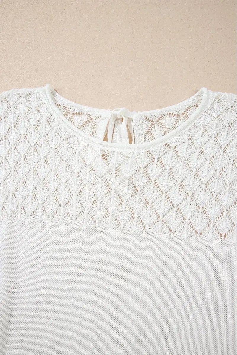 Elegant White Eyelet Knit Short Sleeve Sweater with Tied Back Detail - Love Salve 