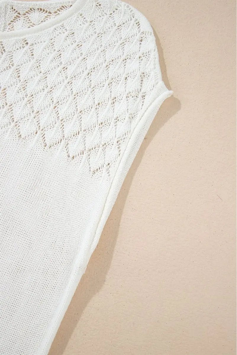 Elegant White Eyelet Knit Short Sleeve Sweater with Tied Back Detail - Love Salve 