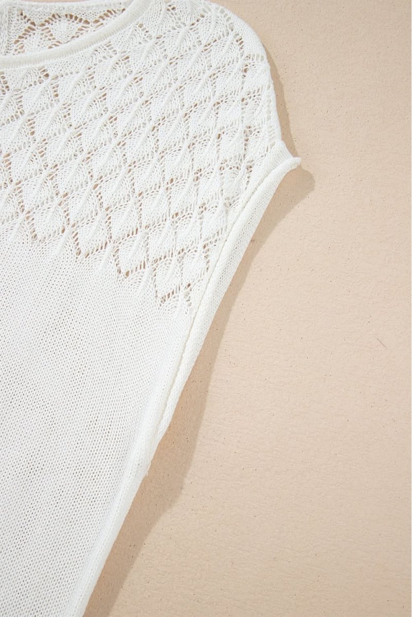 Elegant White Eyelet Knit Short Sleeve Sweater with Tied Back Detail - Love Salve 