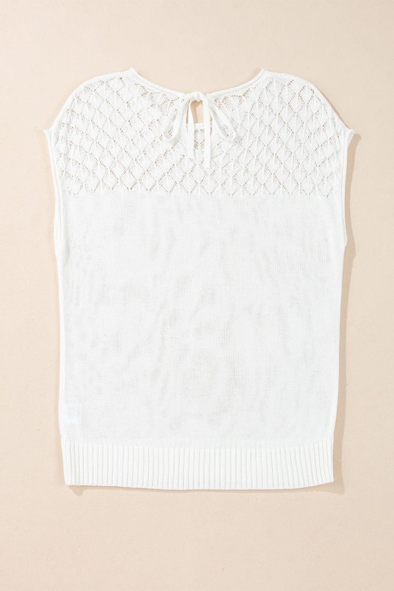 Elegant White Eyelet Knit Short Sleeve Sweater with Tied Back Detail - Love Salve 
