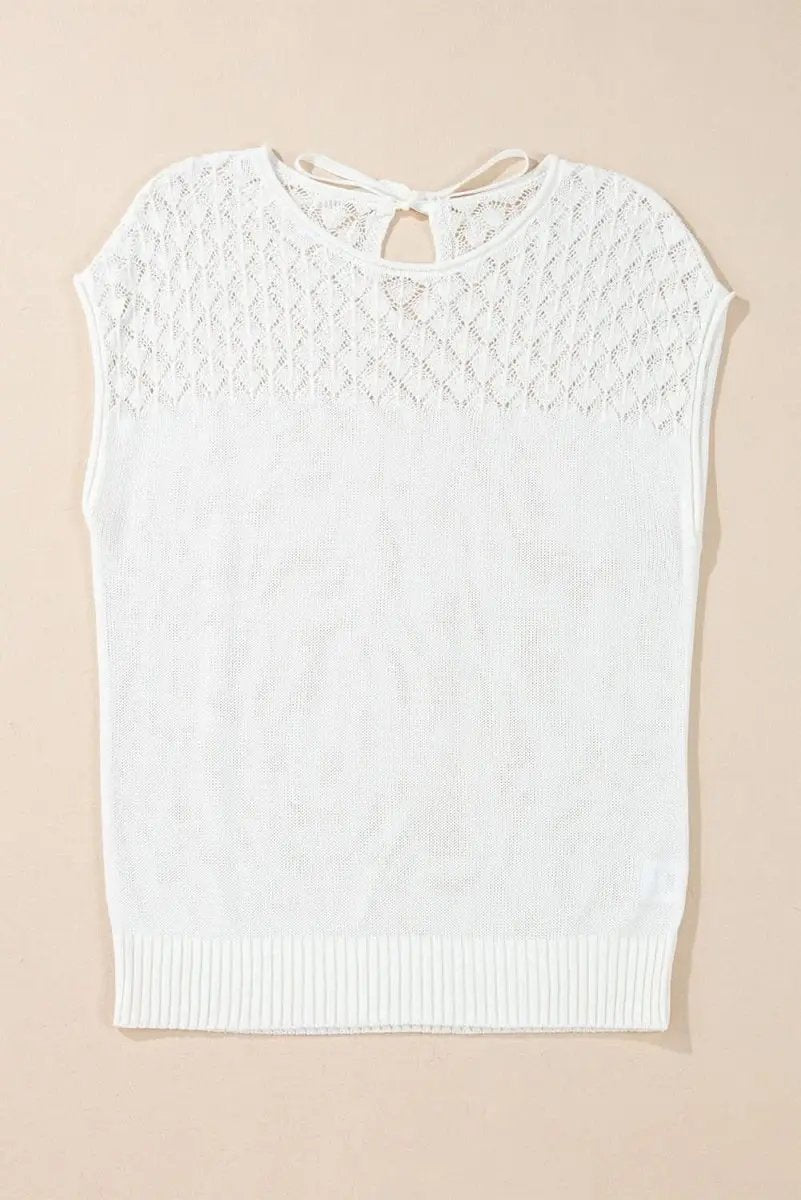 Elegant White Eyelet Knit Short Sleeve Sweater with Tied Back Detail - Love Salve 
