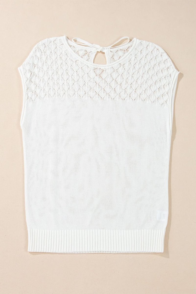 Elegant White Eyelet Knit Short Sleeve Sweater with Tied Back Detail - Love Salve 