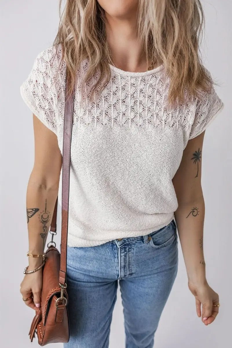 Elegant White Eyelet Knit Short Sleeve Sweater with Tied Back Detail - Love Salve 