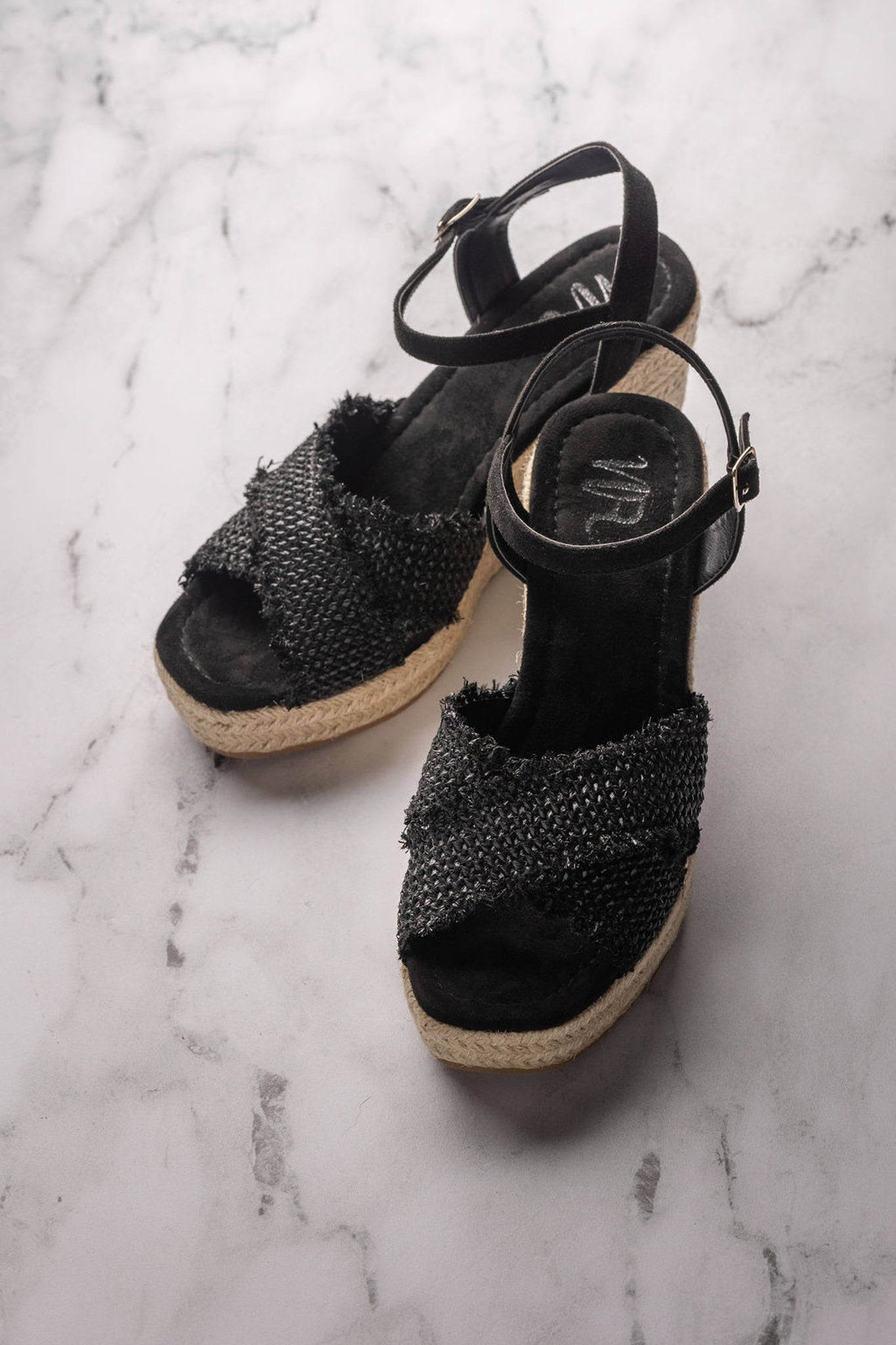 Elinor Black Wedge Sandals Ankle Strap 3 Point 5 Inch Heel Naughty Monkey