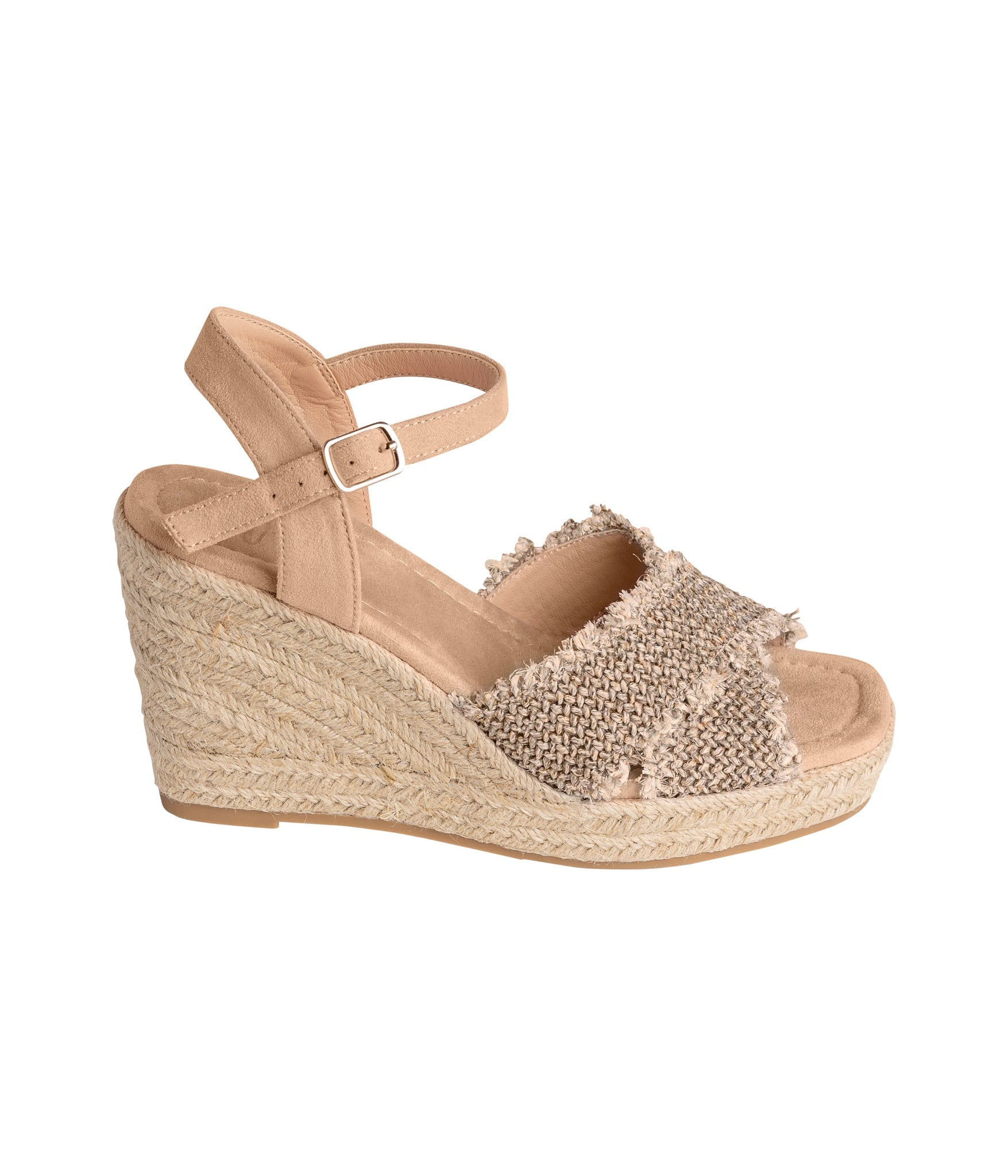 Elinor Wedge Taupe Ankle Strap Sandal 3.5 Inch Heel Naughty Monkey