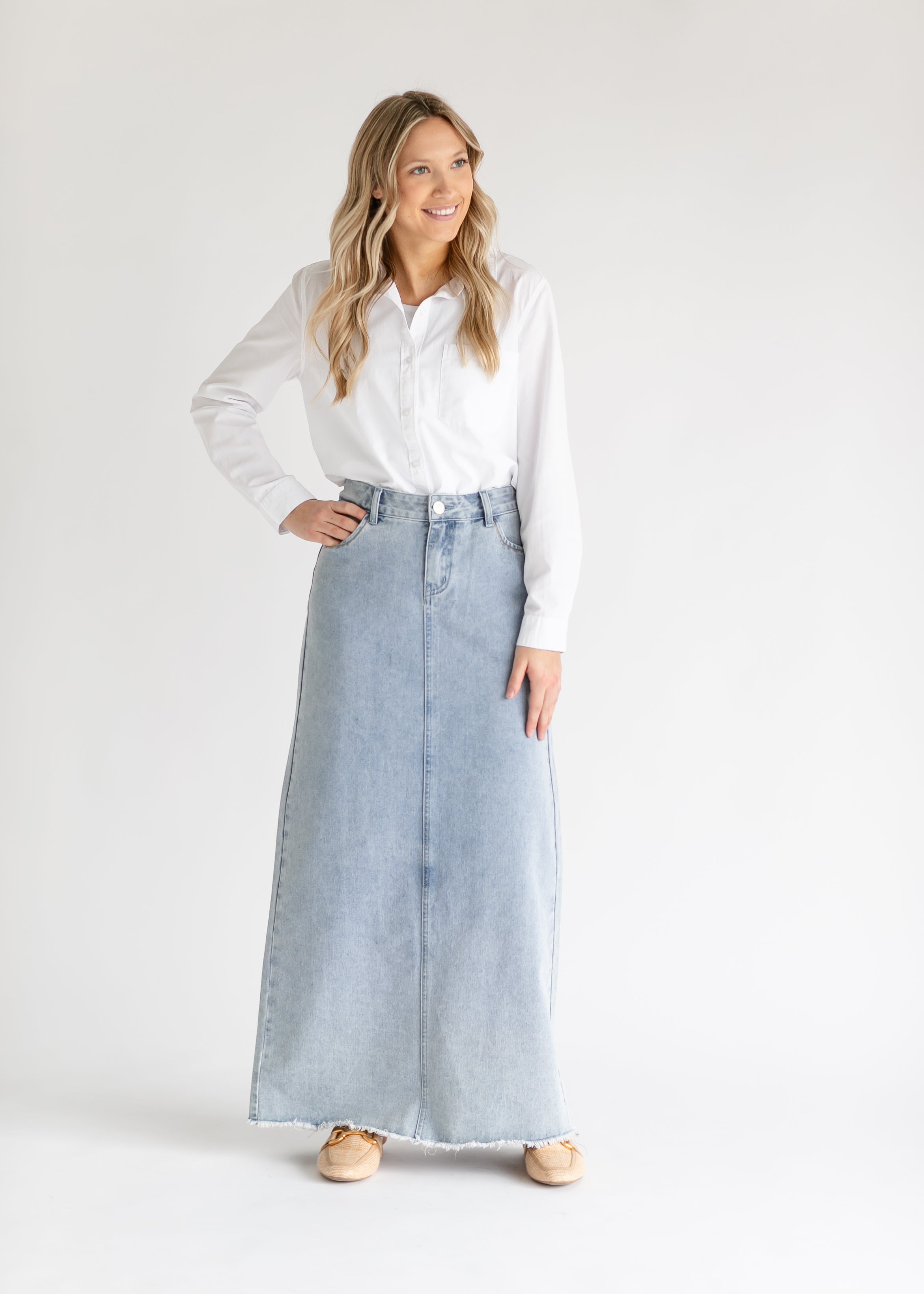 Elisha Light Wash Long Denim Skirt Inherit Co.