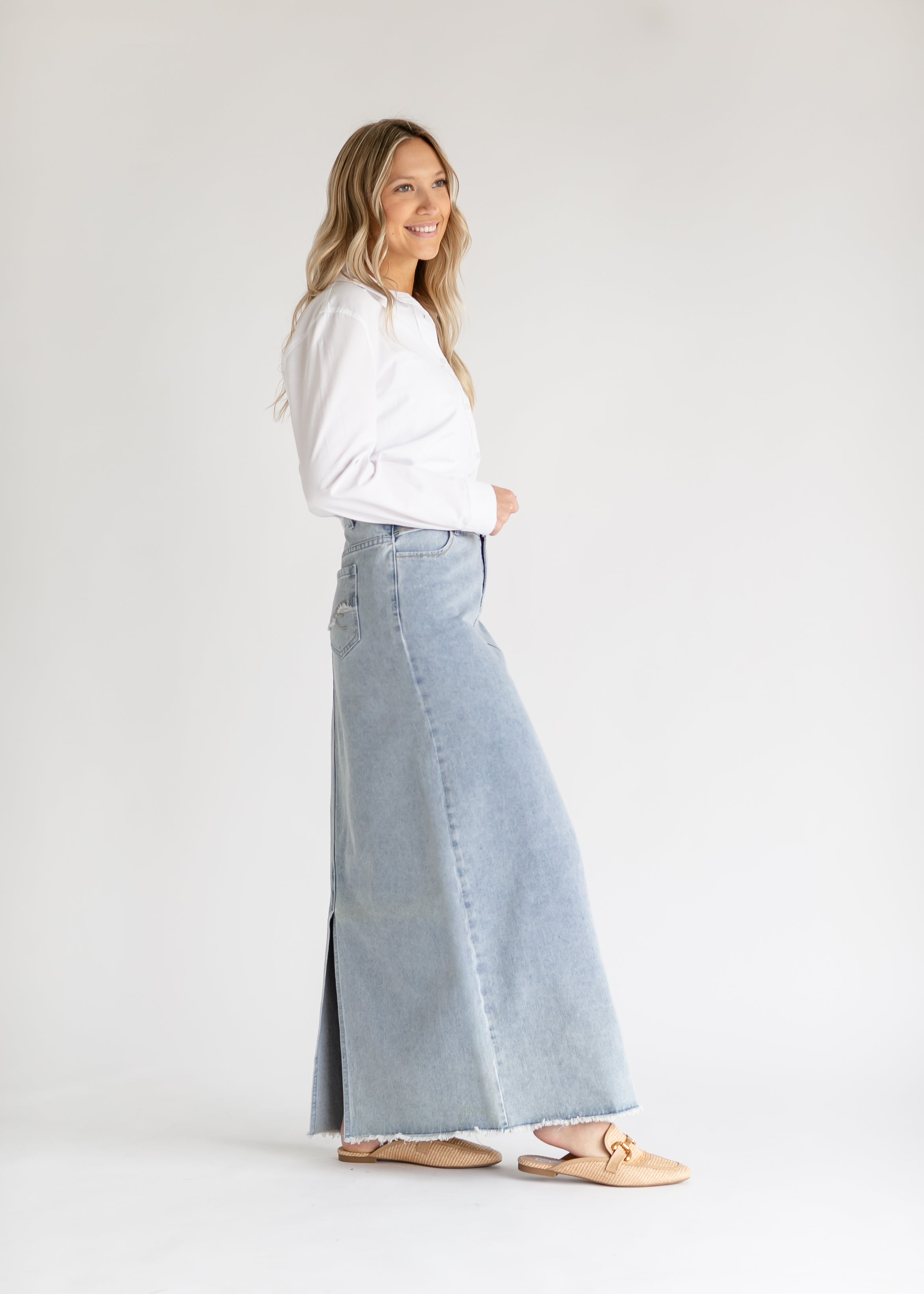 Elisha Light Wash Long Denim Skirt Inherit Co.