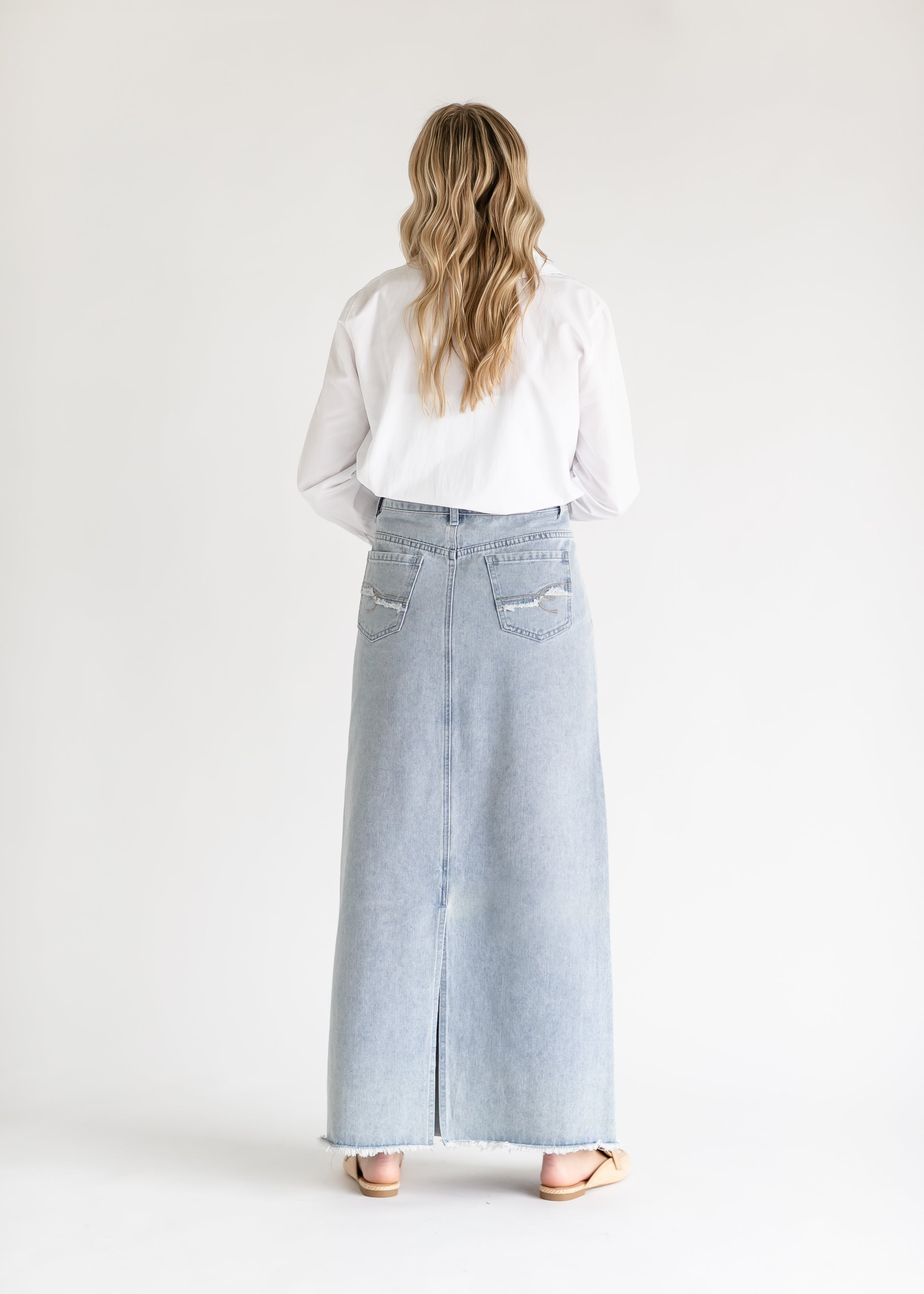 Elisha Light Wash Long Denim Skirt Inherit Co.