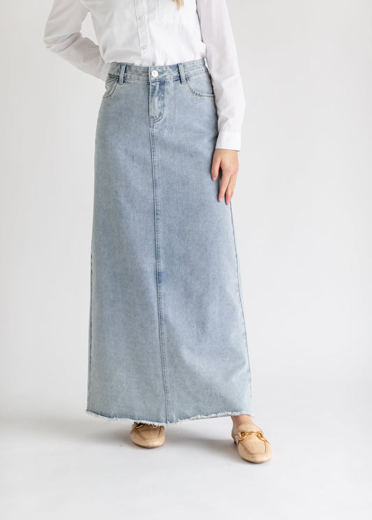 Elisha Light Wash Long Denim Skirt Inherit Co.