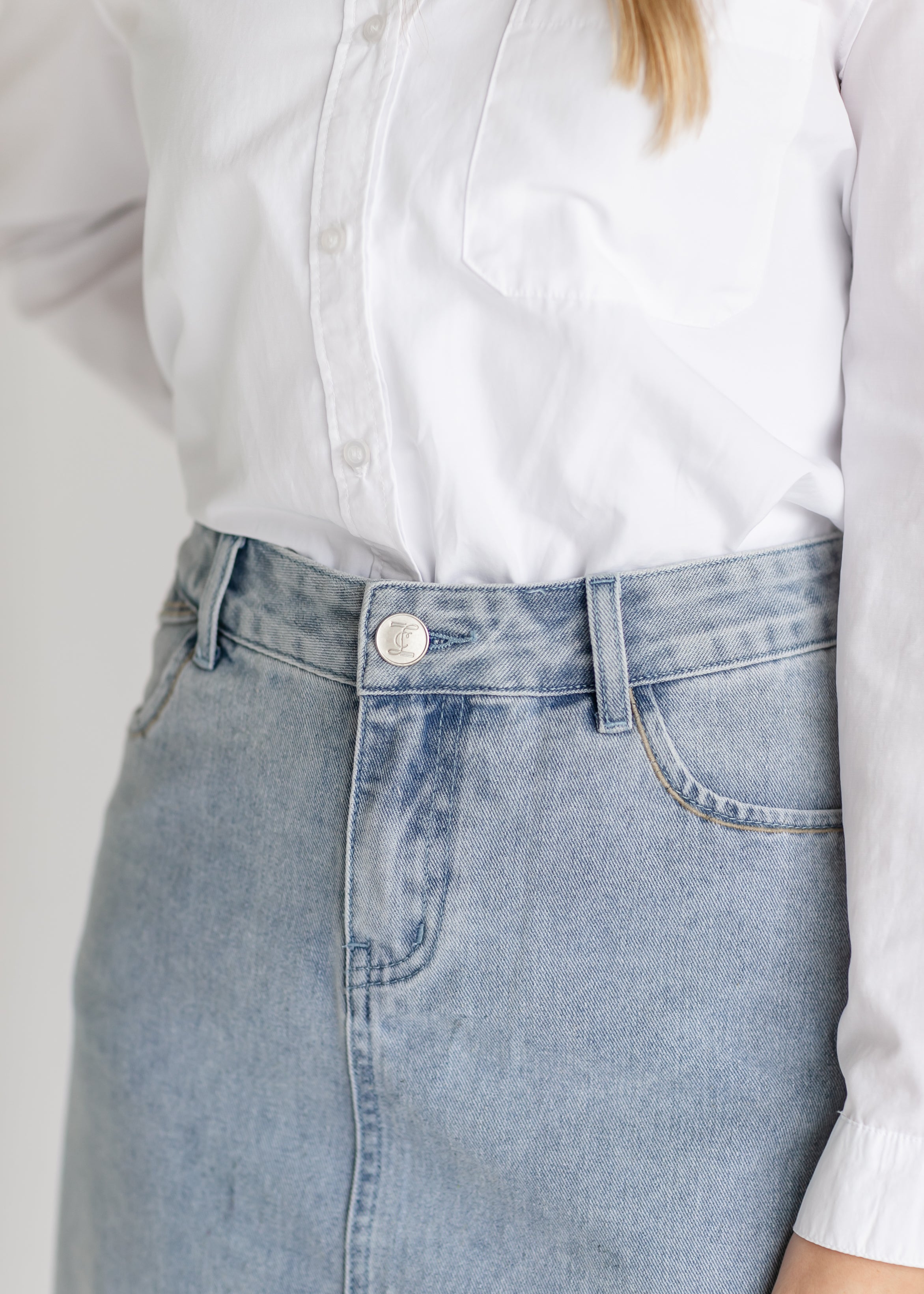 Elisha Light Wash Long Denim Skirt Inherit Co.