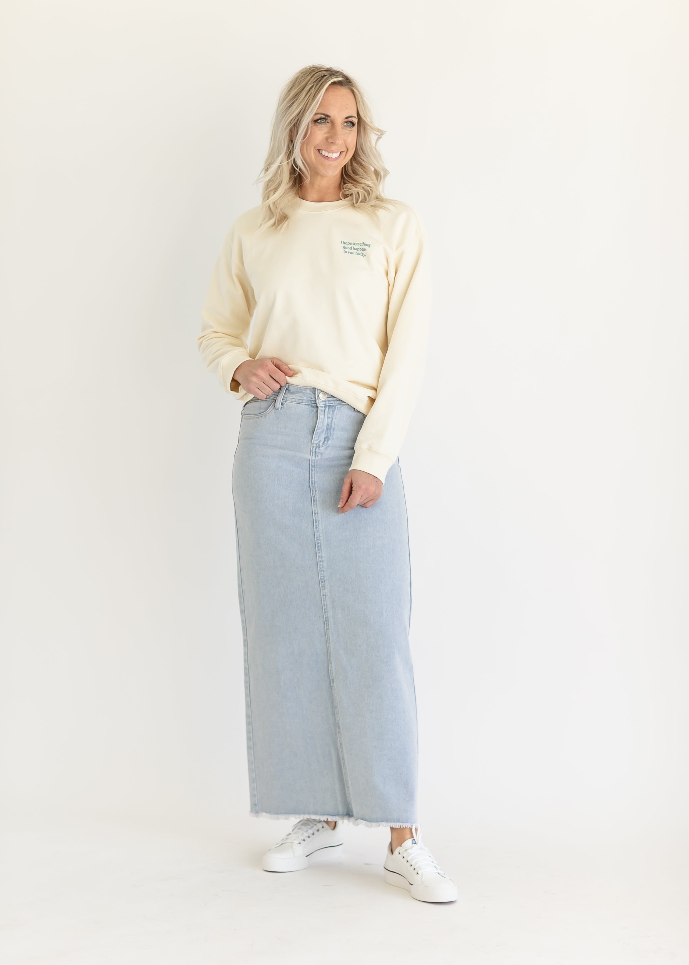 Elisha Light Wash Long Denim Skirt Inherit Co.
