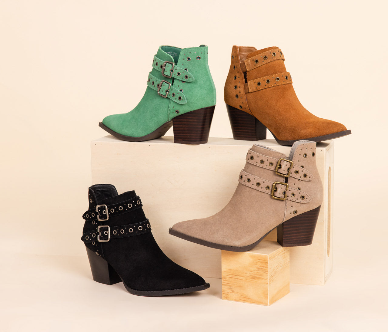 Elsa Suede Ankle Boots With Brass Buckle Straps And Grommets