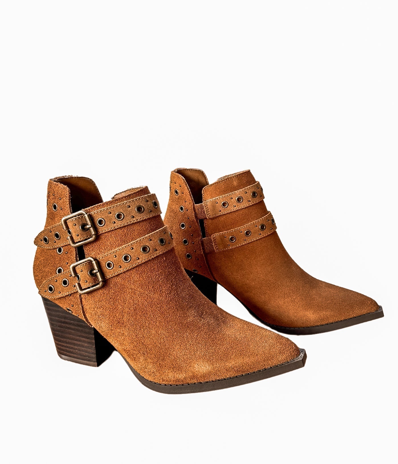 Elsa Tan Suede Ankle Boots With Brass Grommets And Buckles Naughty Monkey