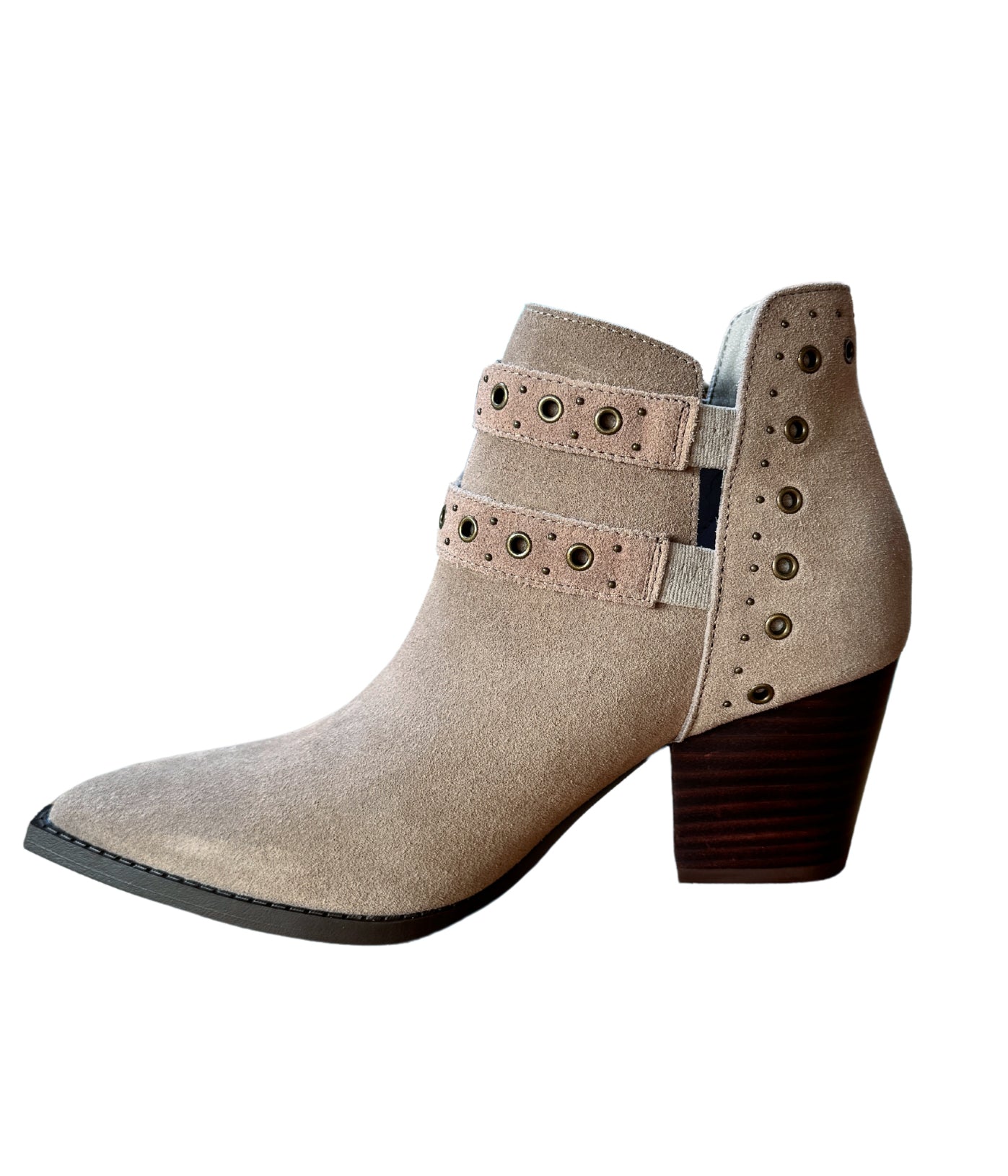 Elsa Suede Ankle Boot Taupe With Brass Grommets Buckles Naughty Monkey