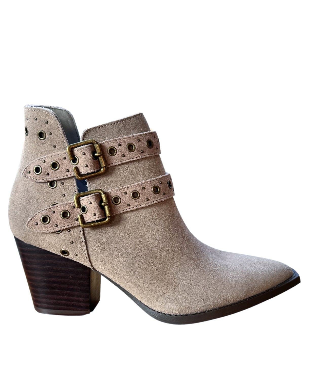 Elsa Suede Ankle Boot Taupe With Brass Grommets Buckles Naughty Monkey