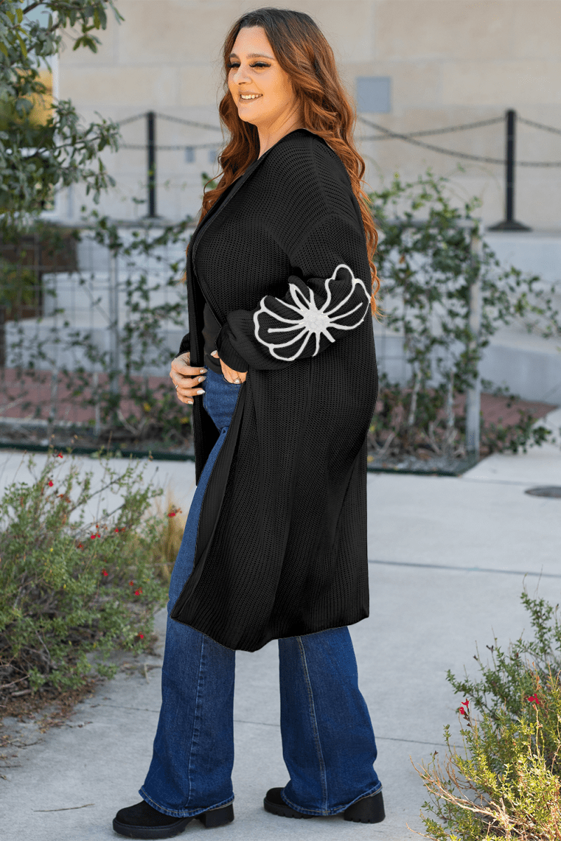 Embroidered Black Floral Drop Shoulder Duster Cardigan with Open Front - Love Salve 