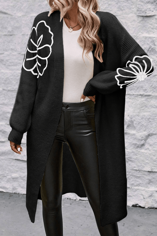 Embroidered Black Floral Drop Shoulder Duster Cardigan with Open Front - Love Salve