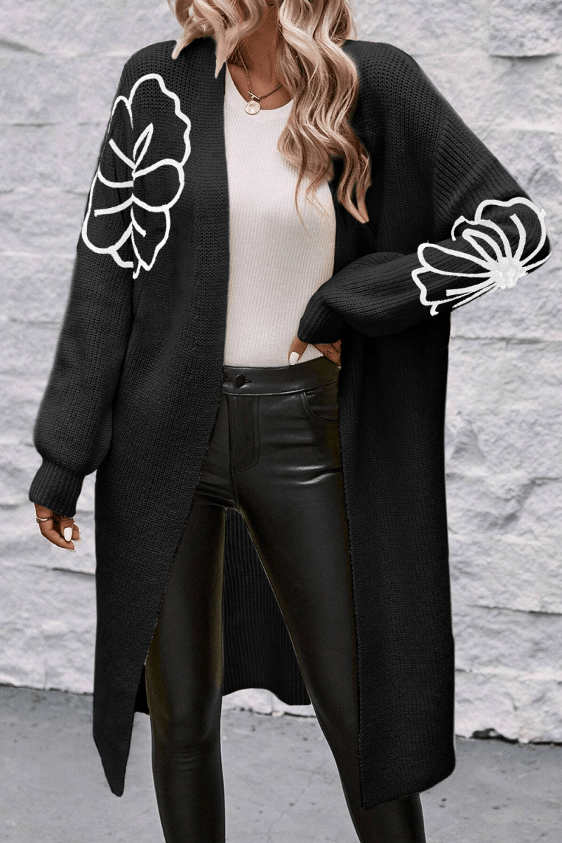 Embroidered Black Floral Drop Shoulder Duster Cardigan with Open Front - Love Salve 