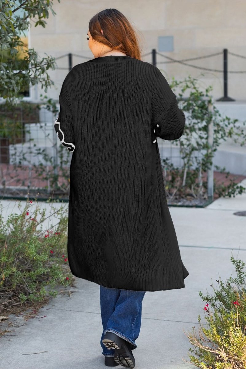 Embroidered Black Floral Drop Shoulder Duster Cardigan with Open Front - Love Salve 